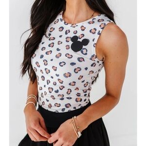 Disney Women's Tank Top with Leopard Print and Mickey Icon - White and Black